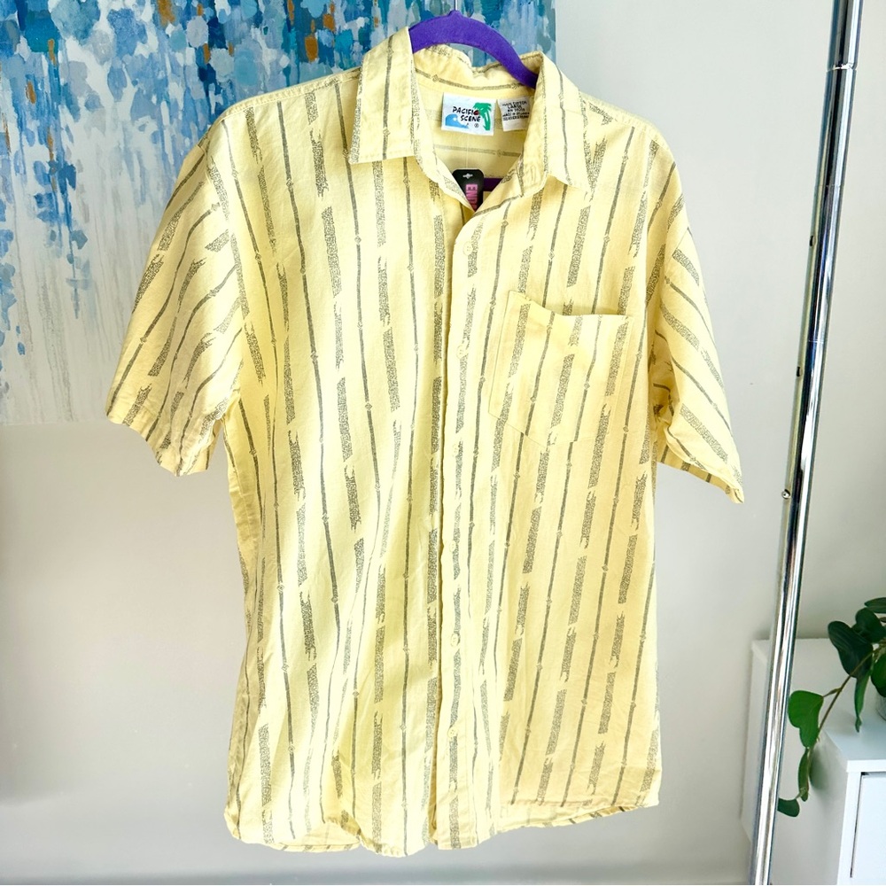 Vintage Yellow Pattern Stripe Cotton Short Sleeve Button Down (L)